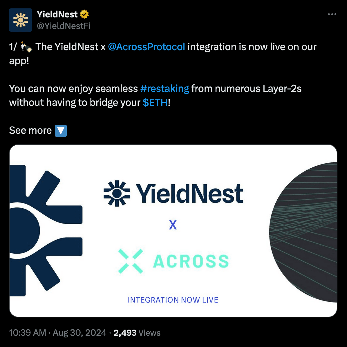 1-Click Cross-Chain Blog Post (YieldNest Twitter Announcement Screenshot) Across' integration with YieldNest is live.
